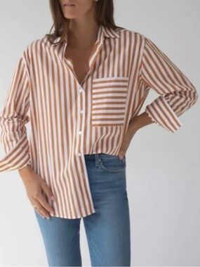 AYR Size Medium Striped Button-Down Shirt - White & Brown